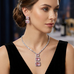 Baby Pink Quartz Necklace Set with Cubic Zirconia - White Gold Plated