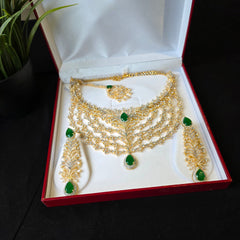 Linda - Gold Emerald Statement Necklace Set with Earrings & Tika