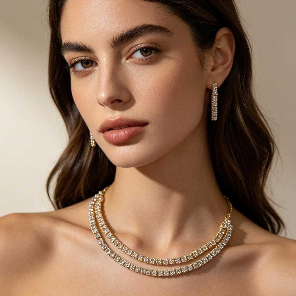 Krona - Dazzling Gold Cubic Zirconia Double Layered Necklace Set With Earrings