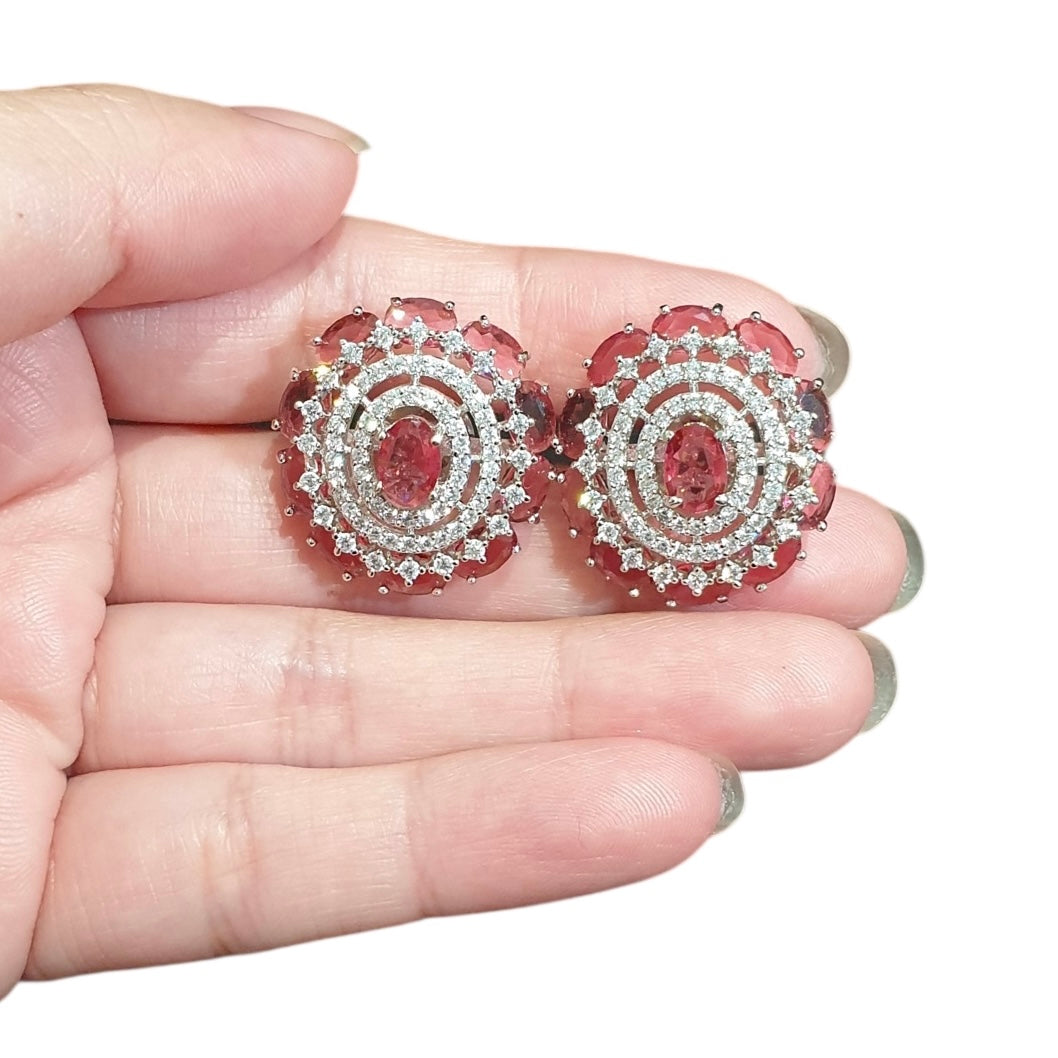 Garnet Red Stud Earrings with Cubic Zirconia - White Gold Plated