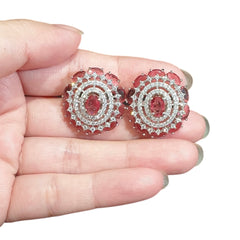 Garnet Red Stud Earrings with Cubic Zirconia - White Gold Plated