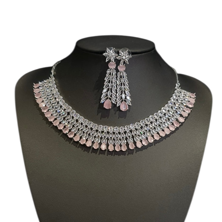Pink Quartz Necklace Set With Cubic Zirconia - White Gold Plated