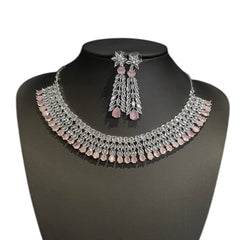 Pink Quartz Necklace Set With Cubic Zirconia - White Gold Plated