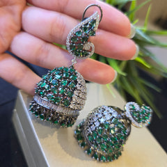 Kaia - Bespoke Emerald Green & White Cubic Zirconia Jhumka Earrings