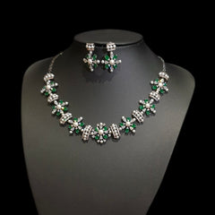Lab-Grown Emeralds Necklace Set with Cubic Zirconia & Pearls – Black Polish Rhodium Oxidised Finish