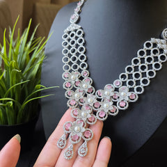 Pink Stone Necklace Set with Cubic Zirconia & Pearls – White Gold Plated