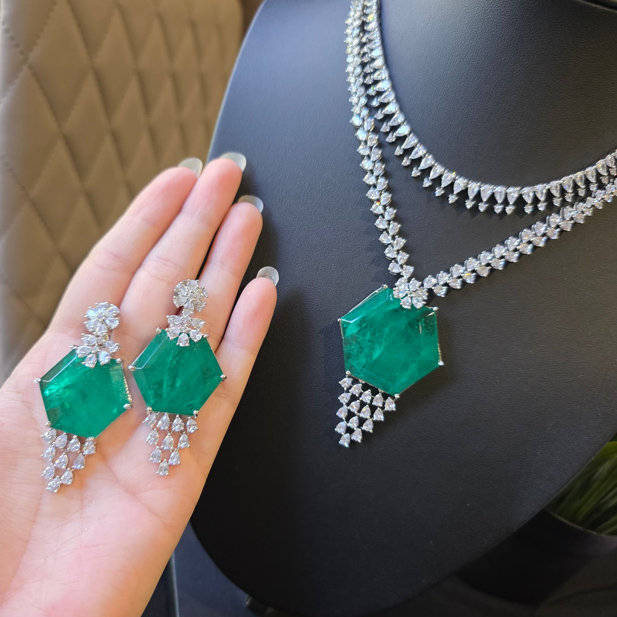 Grace - Doublet Emerald Green two layered Necklace Set with Earrings