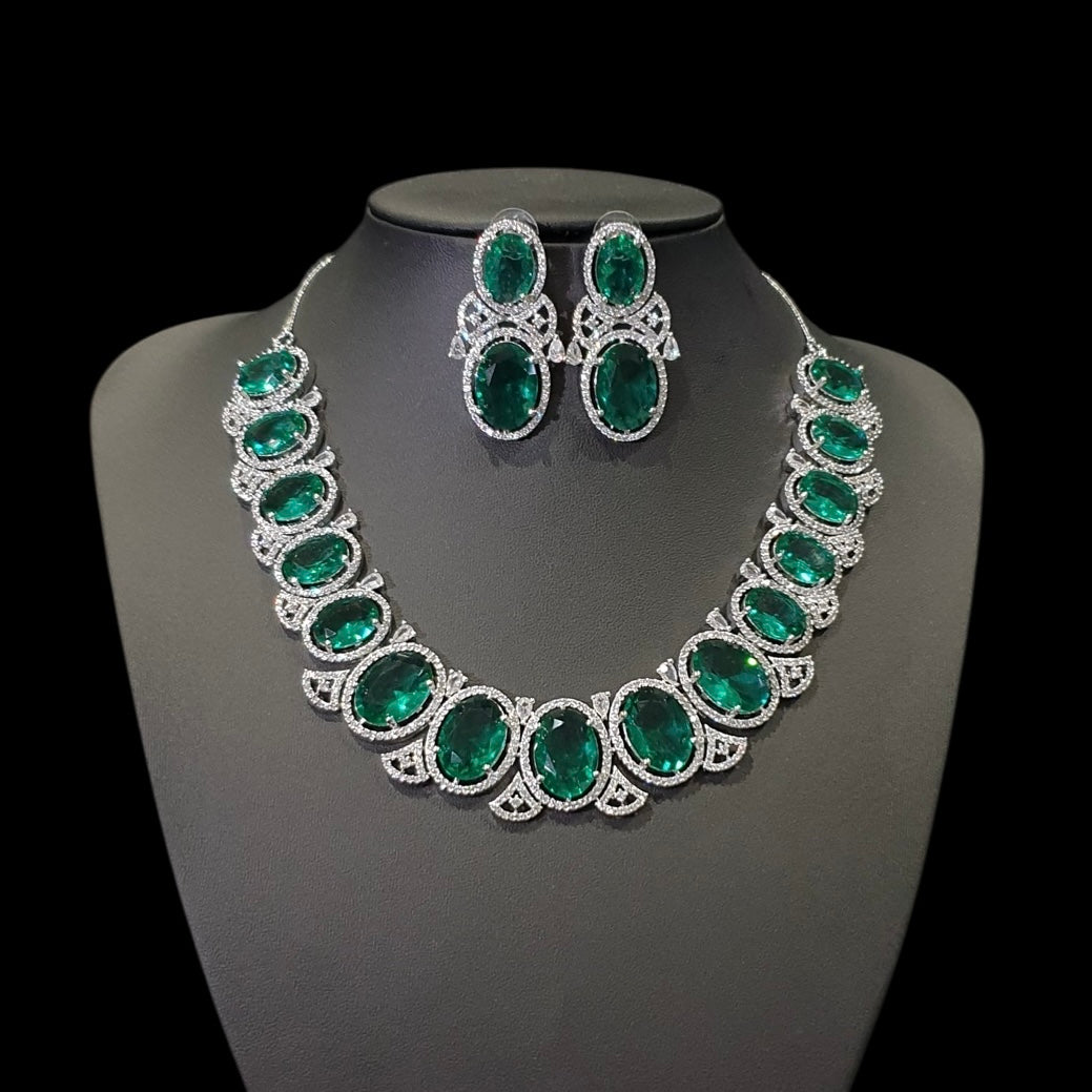 Green Topaz Necklace Set With Cubic Zirconia - White Gold Plated