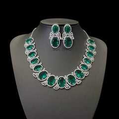 Green Topaz Necklace Set With Cubic Zirconia - White Gold Plated