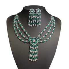 Green Topaz Necklace Set With Cubic Zirconia - White Gold Plated