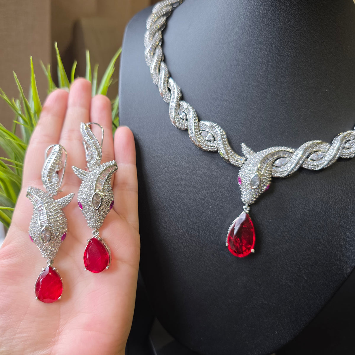 Esme - Exquisite Rubies Statement Necklace Set with Earrings