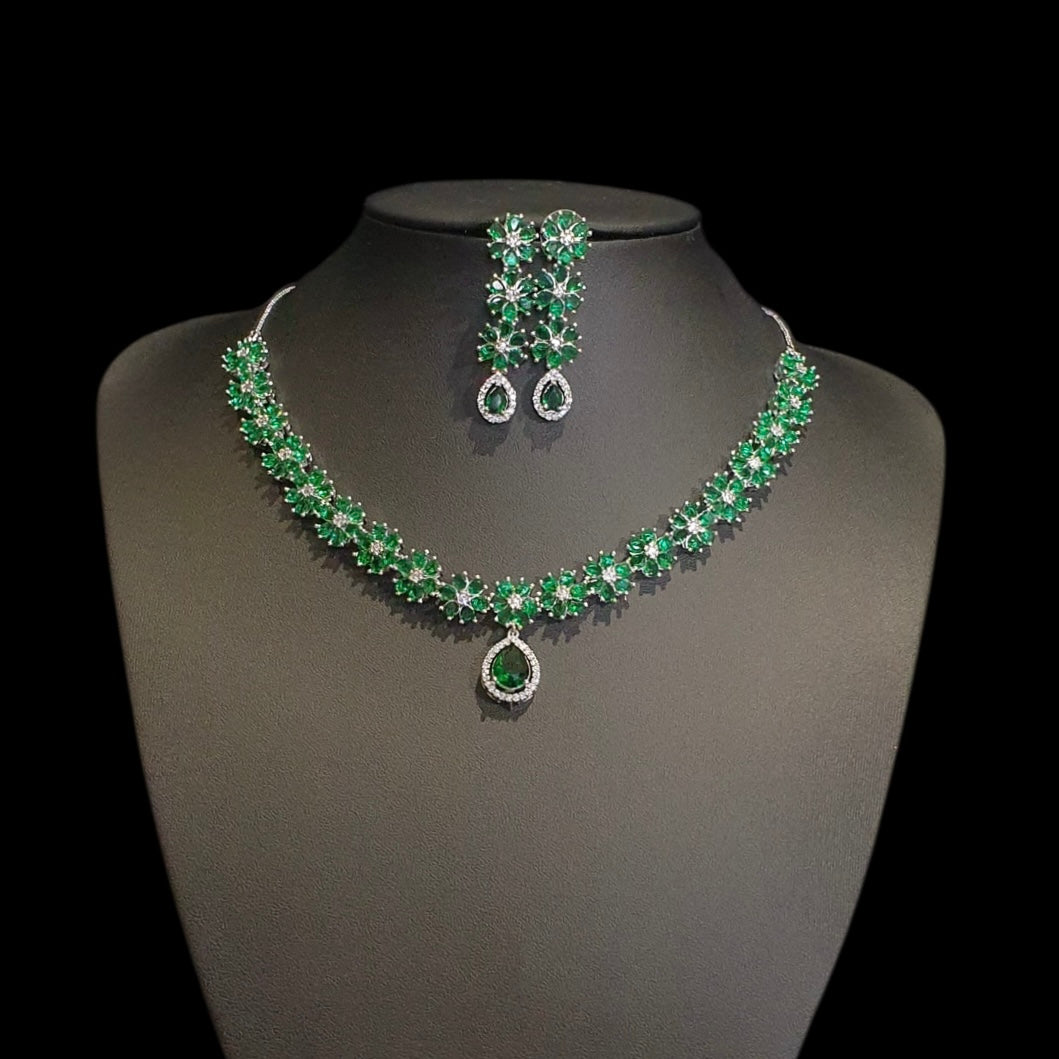 Emerald Green Necklace Set With Cubic Zirconia - White Gold Plated