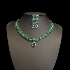 Emerald Green Necklace Set With Cubic Zirconia - White Gold Plated