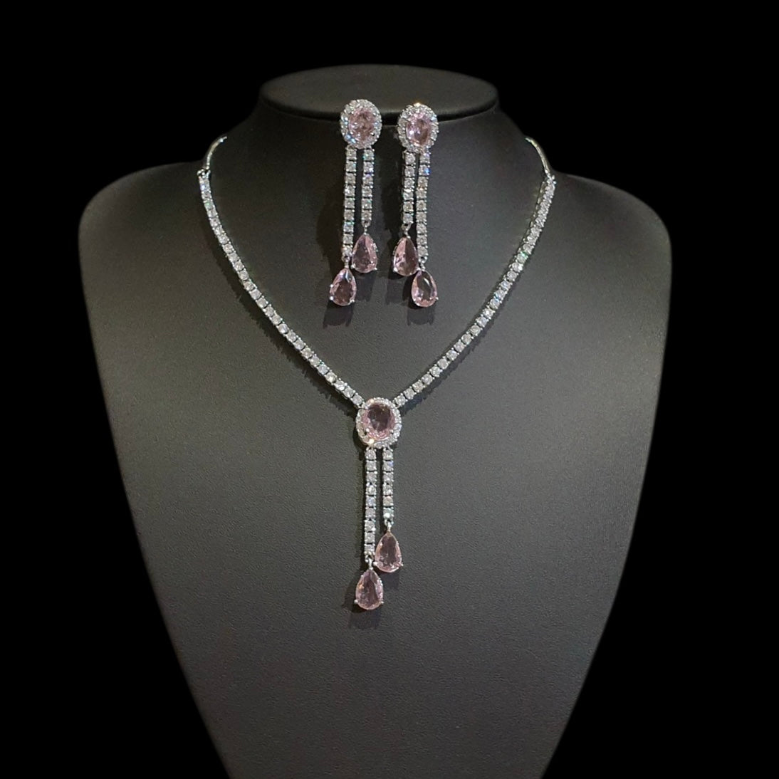Baby Pink Stone Necklace Set with Cubic Zirconia – White Gold Plated