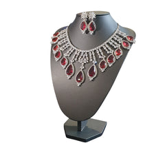 Stunning Garnet Red Statement Necklace Set with Tikka