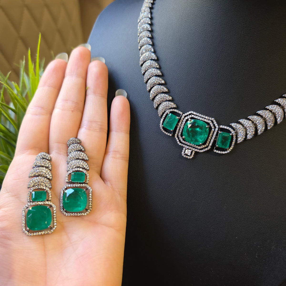 Mabel - Doublet Emerald Green Necklace Set with Earrings