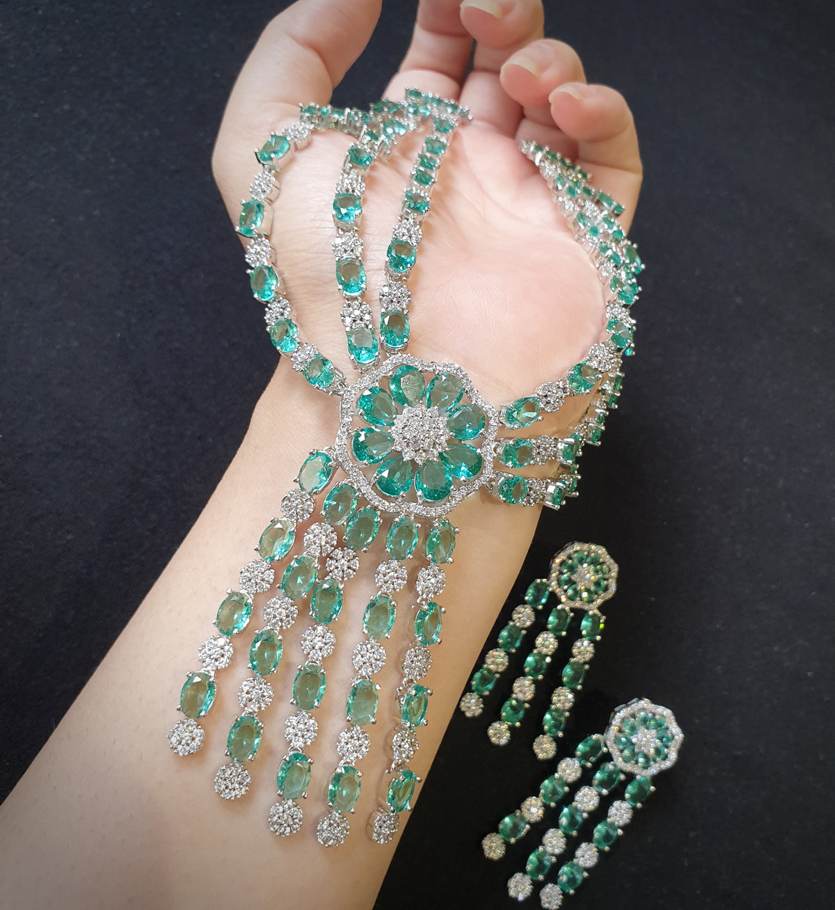 Green Topaz Necklace Set With Cubic Zirconia - White Gold Plated