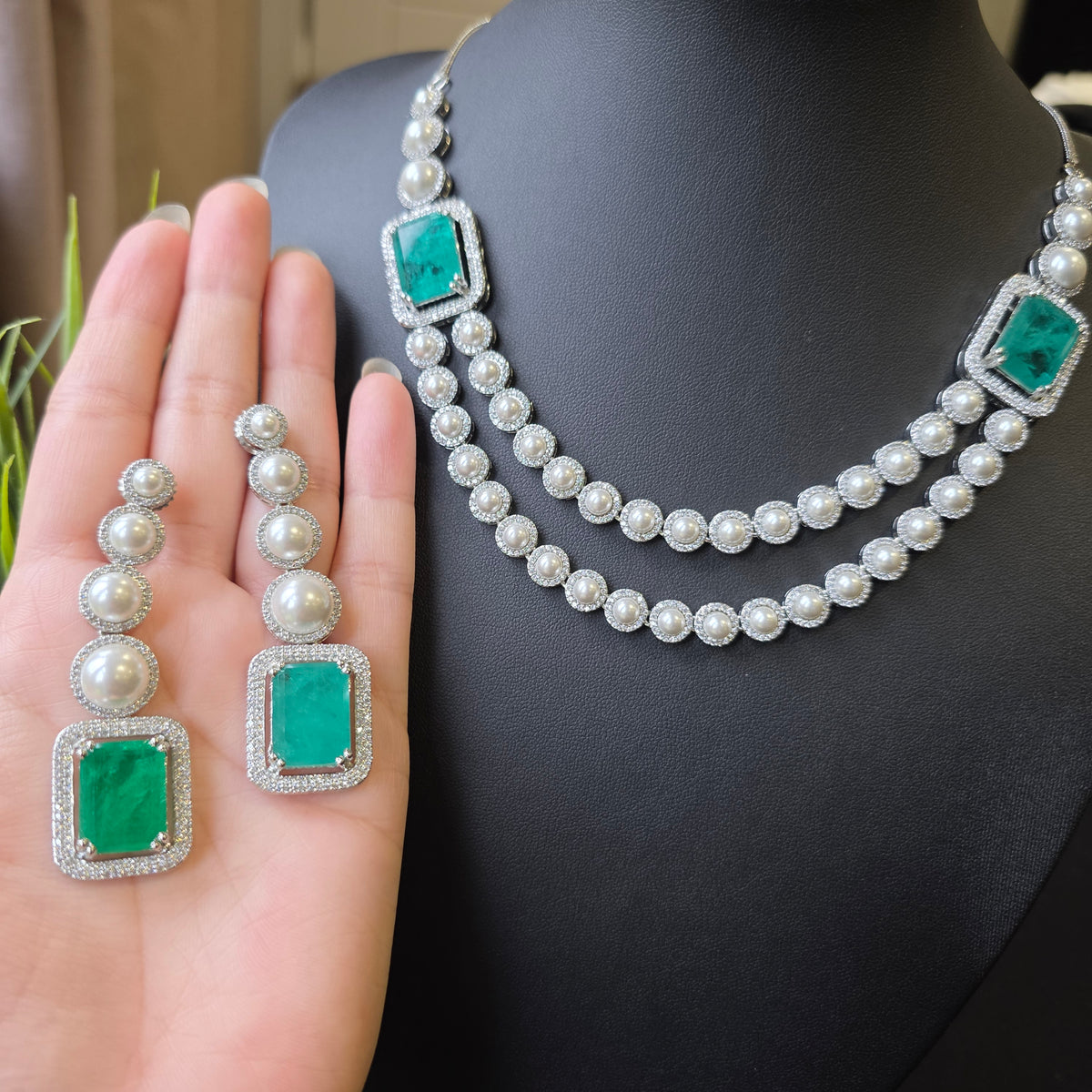Ivy - Green Doublet Two Layered Pearls Necklace Set With Earrings