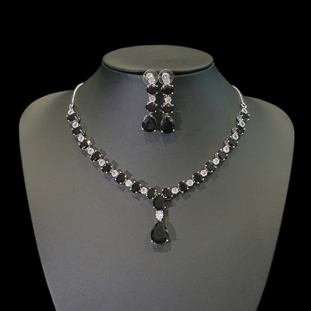 Black Quartz Necklace Set With Cubic Zirconia - White Gold Plated