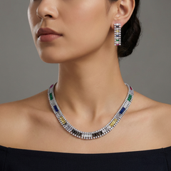 Stunning Multi-Coloured Stones Necklace Set with Cubic Zirconia - White Gold Plated