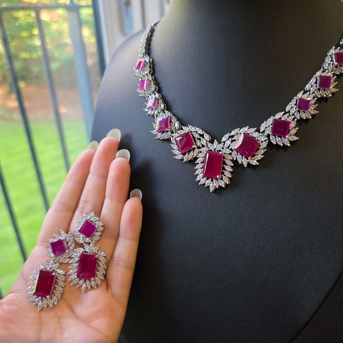 Anna - Deep Rubies Pink Necklace Set with Earrings