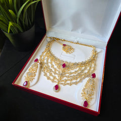 Linda - Gold Rubies Statement Necklace Set with Earrings & Tika
