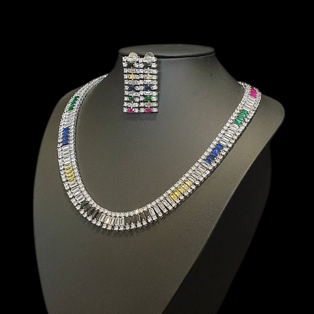 Stunning Multi-Coloured Stones Necklace Set with Cubic Zirconia - White Gold Plated