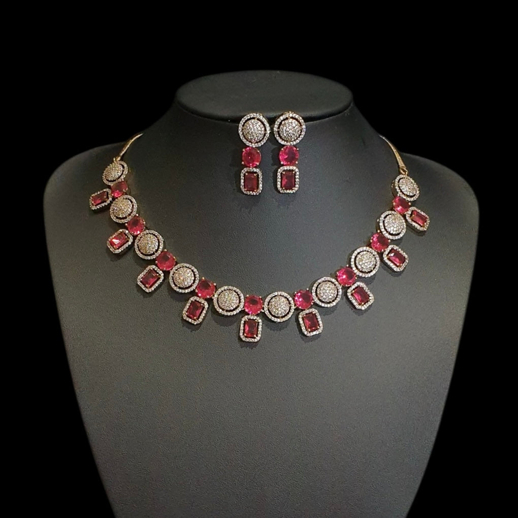 Elegant Garnets Necklace Set with Cubic Zirconia - Dull Gold Plated
