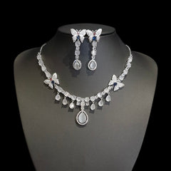 Grey Quartz Necklace Set With Cubic Zirconia - White Gold Plated