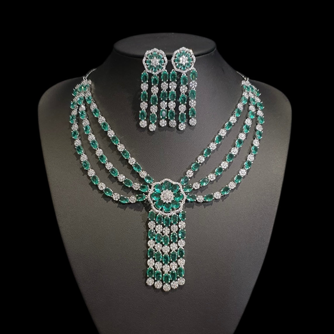 Green Topaz Necklace Set With Cubic Zirconia - White Gold Plated