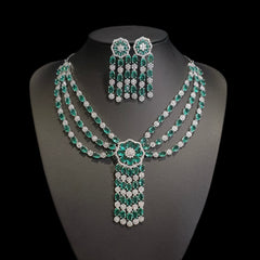 Green Topaz Necklace Set With Cubic Zirconia - White Gold Plated