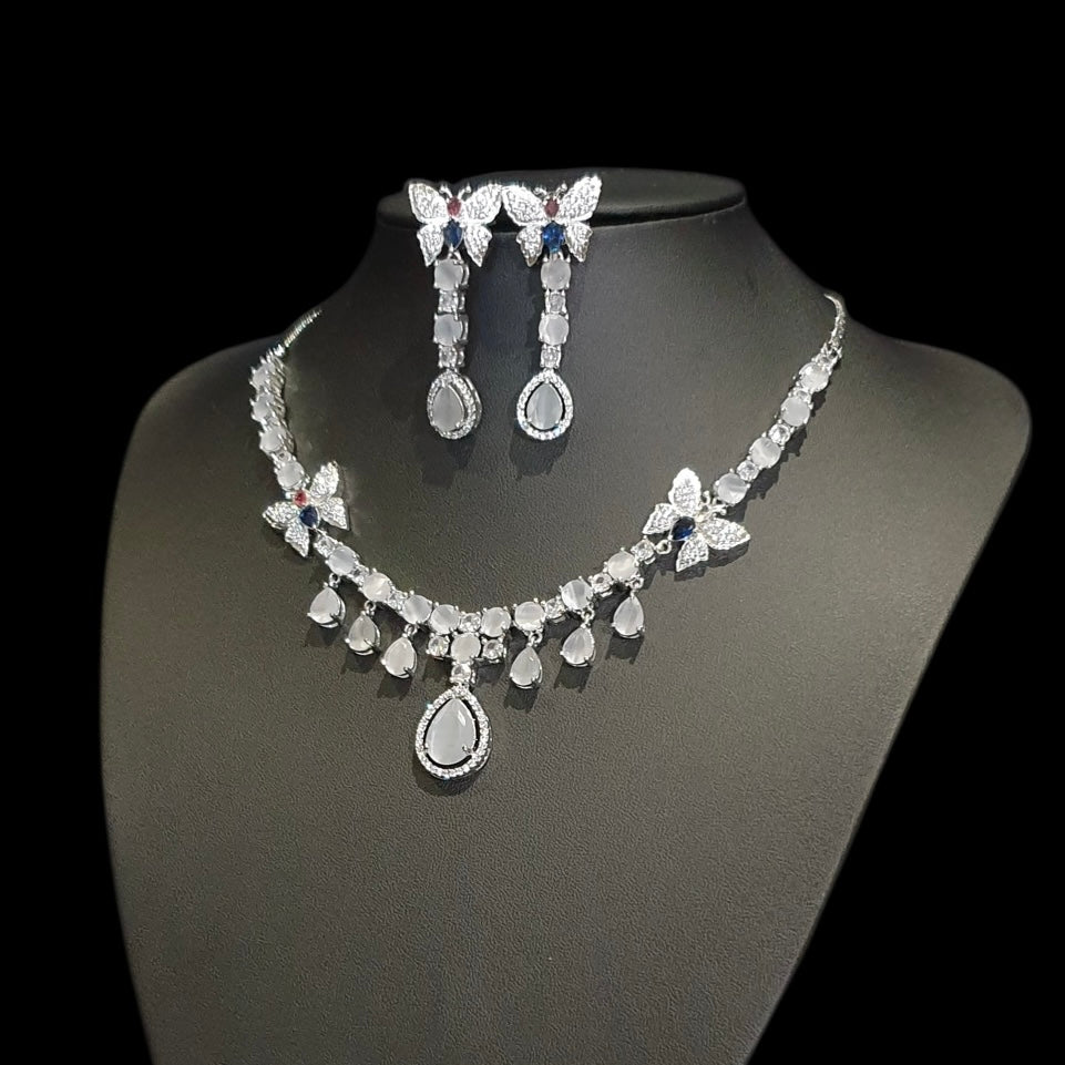 Grey Quartz Necklace Set With Cubic Zirconia - White Gold Plated
