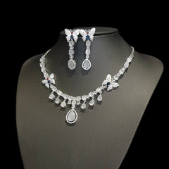 Grey Quartz Necklace Set With Cubic Zirconia - White Gold Plated