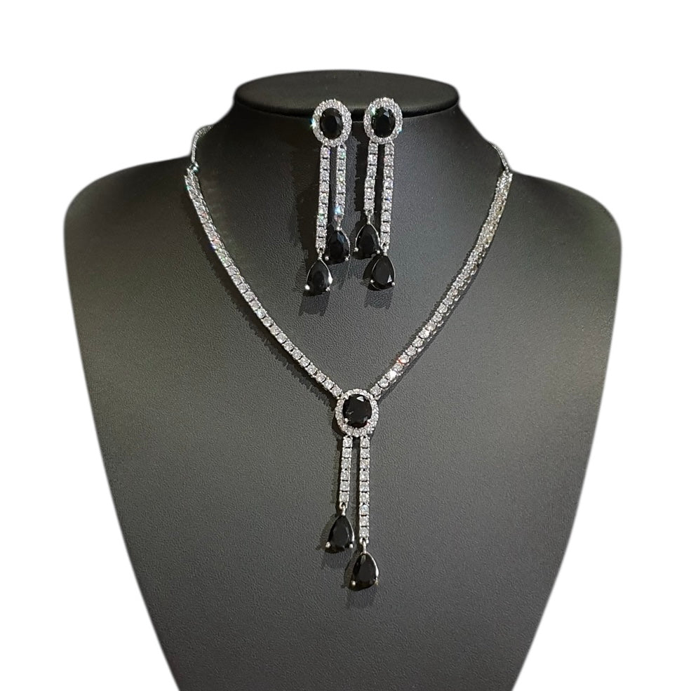 Black Stone Necklace Set with Cubic Zirconia – White Gold Plated