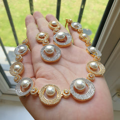 Pearl Necklace Set with Cubic Zirconia – Two-Tone White & Yellow Gold Plated