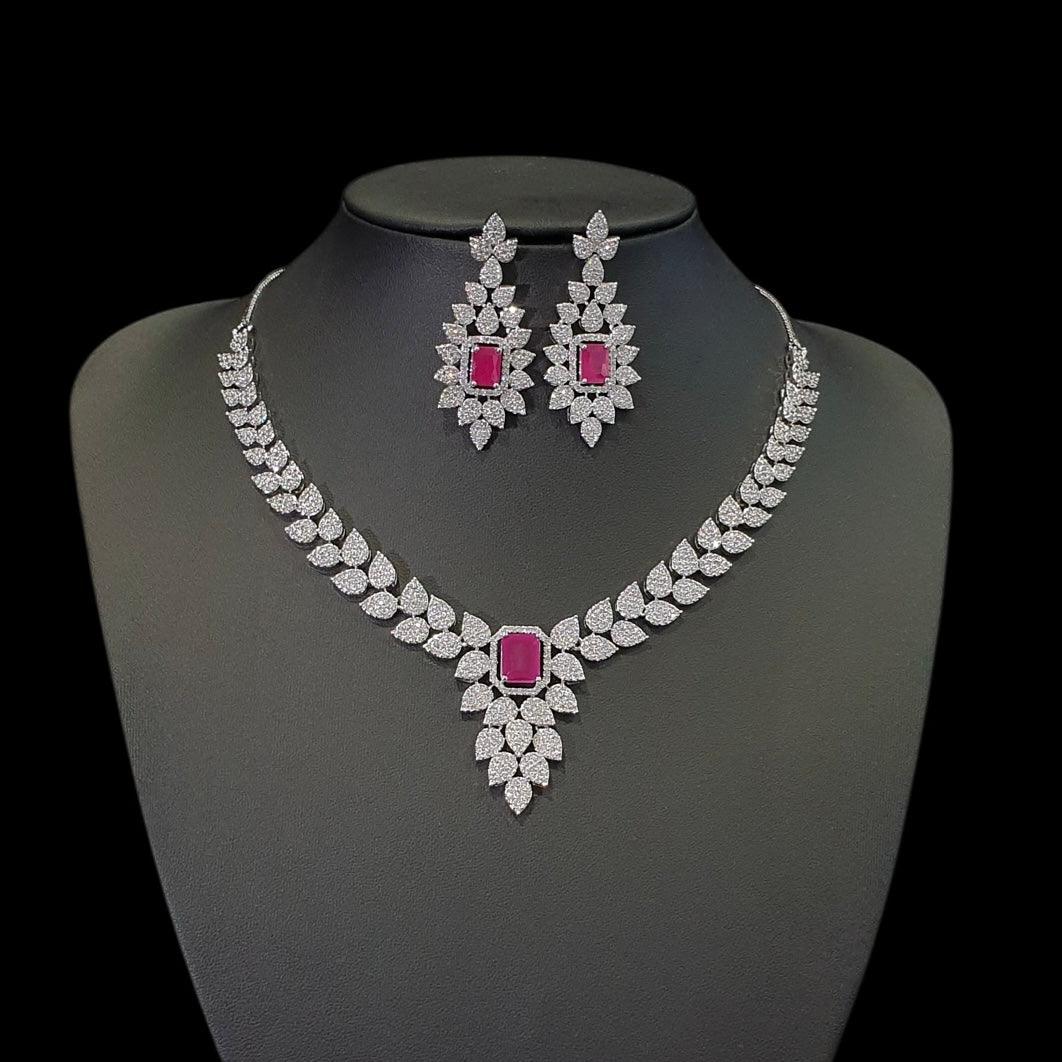 Ruby Necklace Set With Cubic Zirconia - White Gold Plated