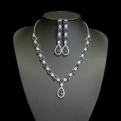 Blue Sapphire Necklace Set with Cubic Zirconia – White Gold Plated