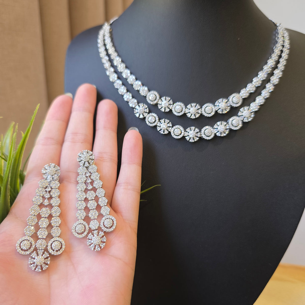 Kisha - Dazzling White Gold Cubic Zirconia Double Layered Necklace Set With Earrings
