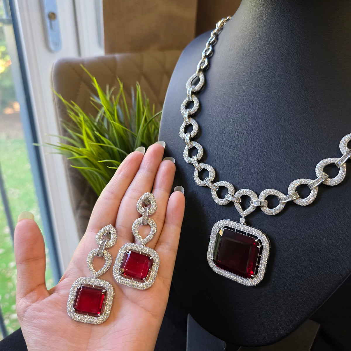 Ella - Ruby Red Necklace Set with Earrings