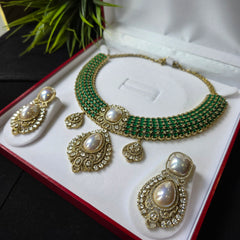Isba - Statement Emerald & Mother of Pearl Bridal Set with Victorian finish