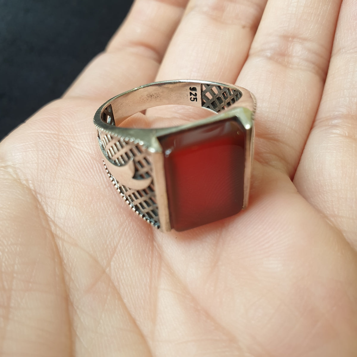 925 Silver Turkish Mens Ring With Agate Gemstone (Size: T)