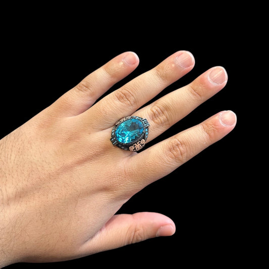 A&Ns 925 Silver Turkish Mens Ring with Aquamarine Gemstone (Size: V)