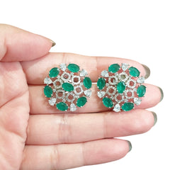 Lab-Grown Emerald Stud Earrings with Cubic Zirconia - White Gold Plated