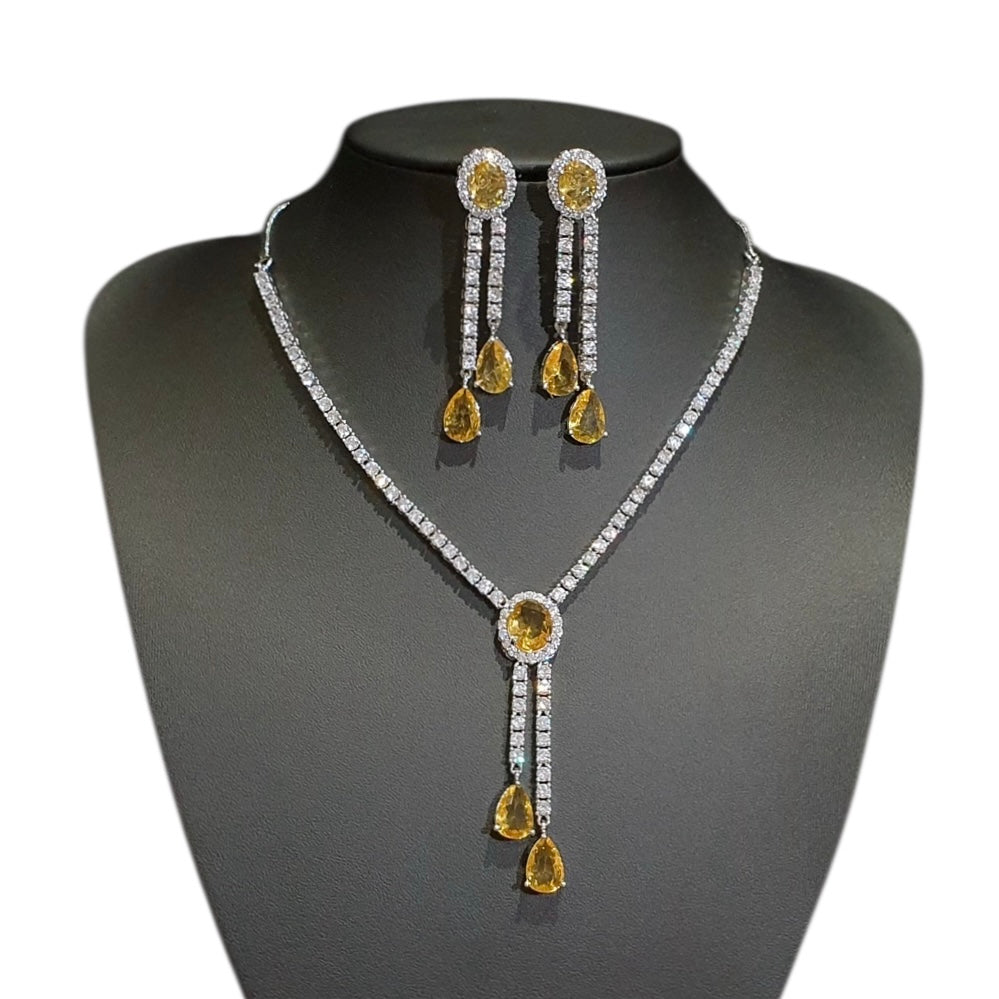 Yellow Citrine Necklace & Earring Set with Cubic Zirconia – White Gold Plated