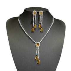 Yellow Citrine Necklace & Earring Set with Cubic Zirconia – White Gold Plated