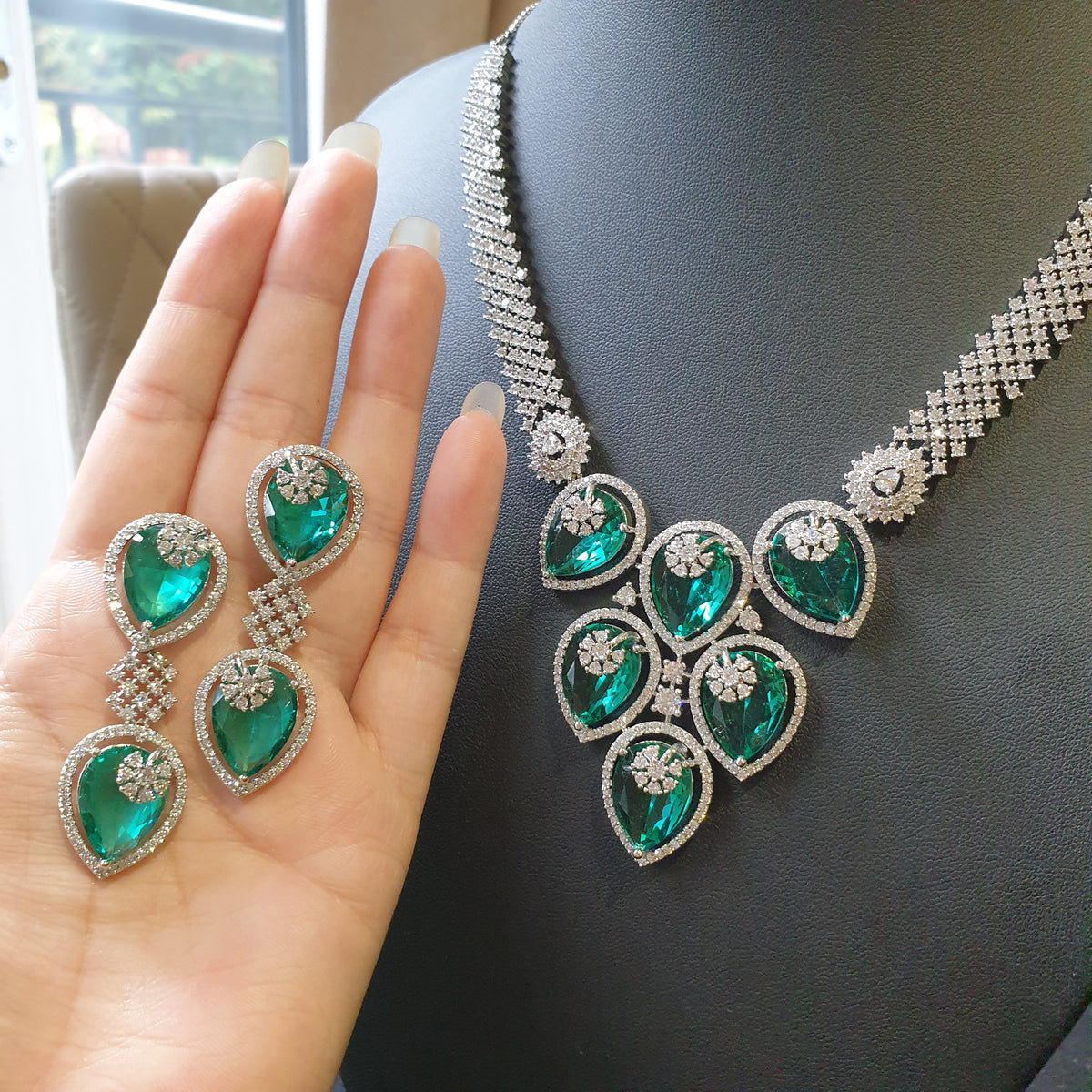 Connie - Bespoke Green TopZ Statement Necklace Set With Earrings