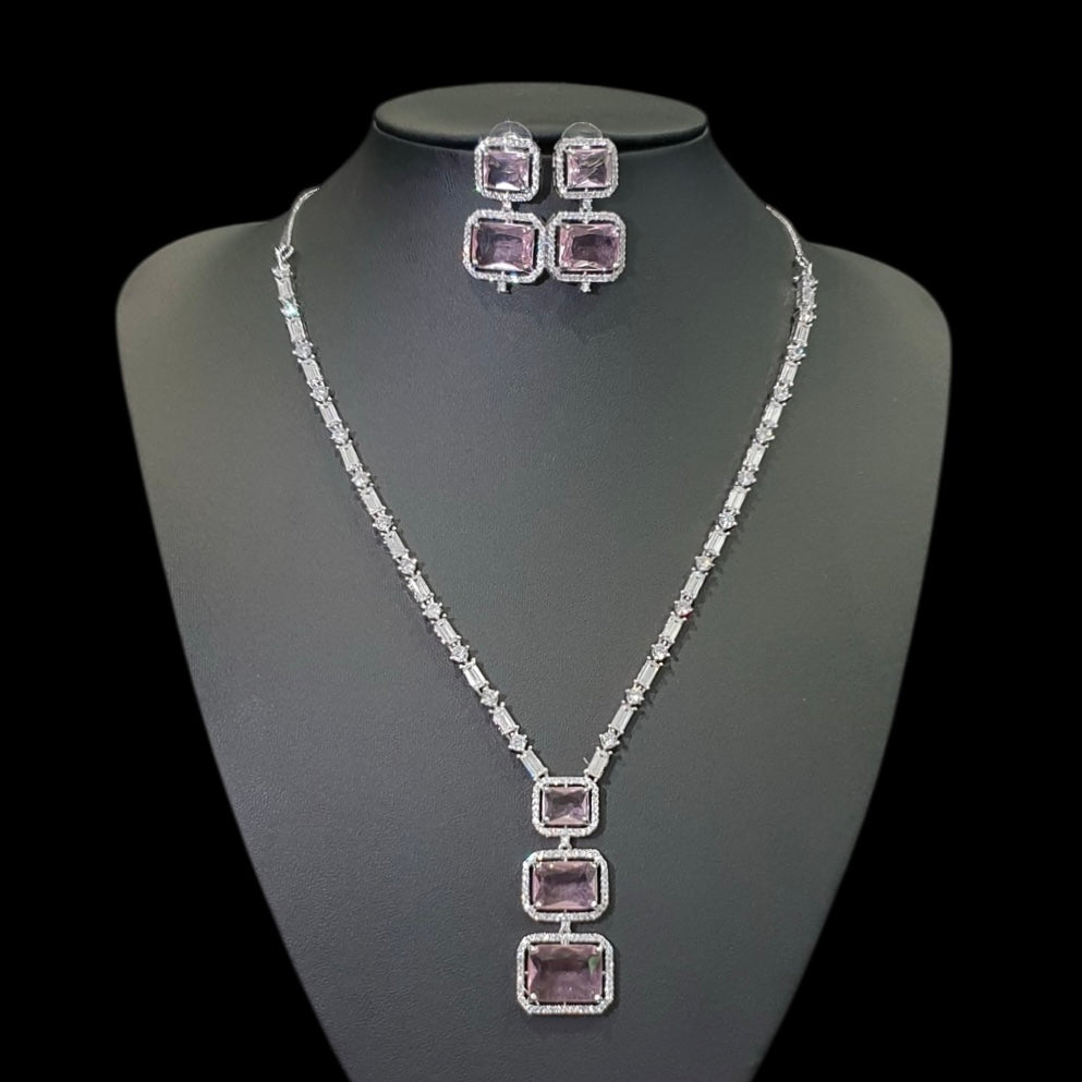 Baby Pink Quartz Necklace Set with Cubic Zirconia - White Gold Plated