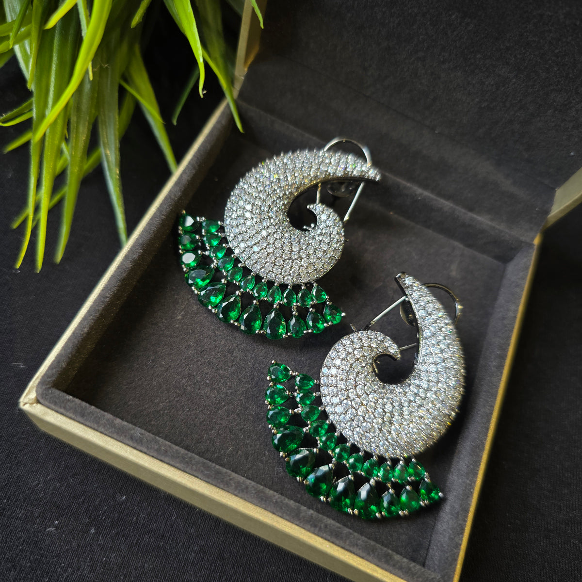 Ibba - Emerald Green & White Cubic Zirconia Earrings