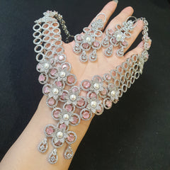 Pink Stone Necklace Set with Cubic Zirconia & Pearls – White Gold Plated