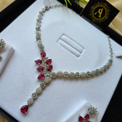 Vina - Garnet Red White Gold Necklace Set With Earrings